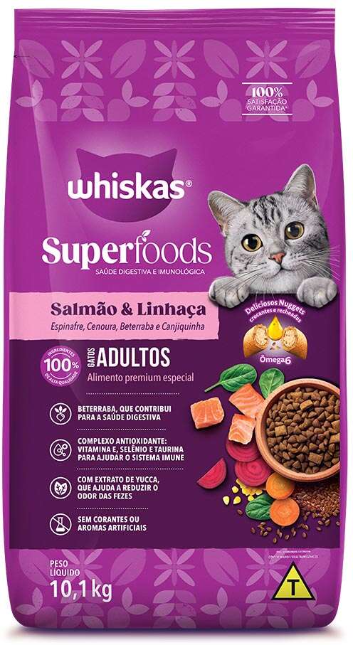 Ração Seca Whiskas Superfoods para Gatos Adultos sabor Salmão e Linhaça - 10,1Kg