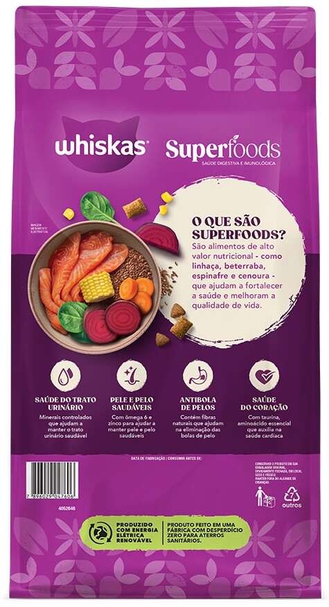 Ração Seca Whiskas Superfoods para Gatos Adultos sabor Salmão e Linhaça - 10,1Kg