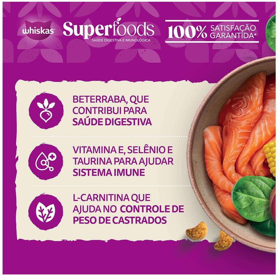 Ração Seca Whiskas Superfoods para Gatos Adultos Castrados sabor Salmão e Linhaça - 10,1Kg