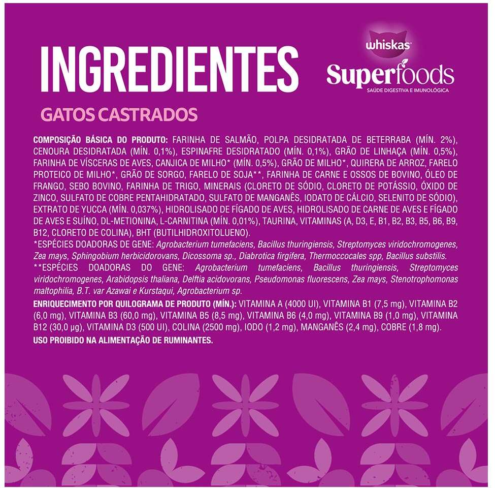 Ração Seca Whiskas Superfoods para Gatos Adultos Castrados sabor Salmão e Linhaça - 10,1Kg
