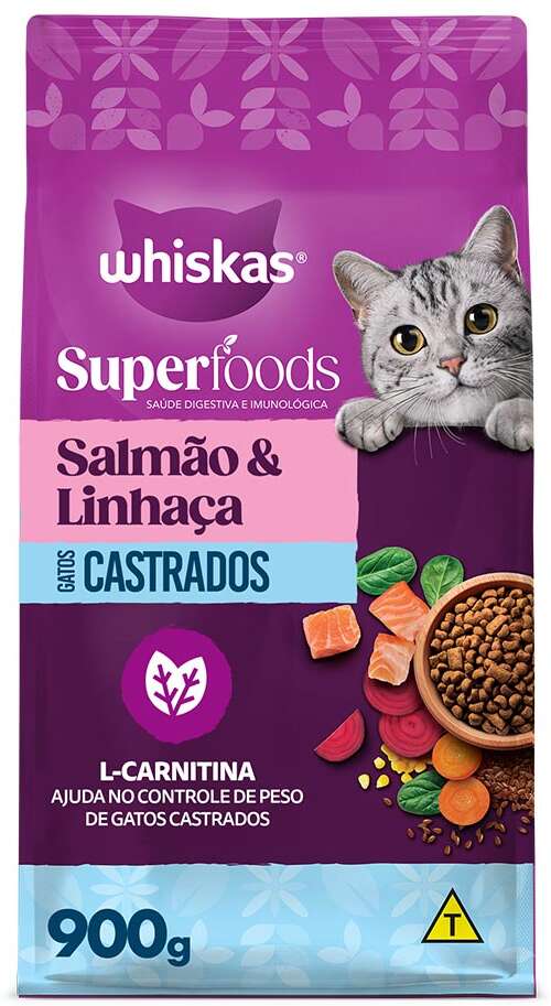 Ração Seca Whiskas Superfoods para Gatos Adultos Castrados sabor Salmão e Linhaça - 900 g