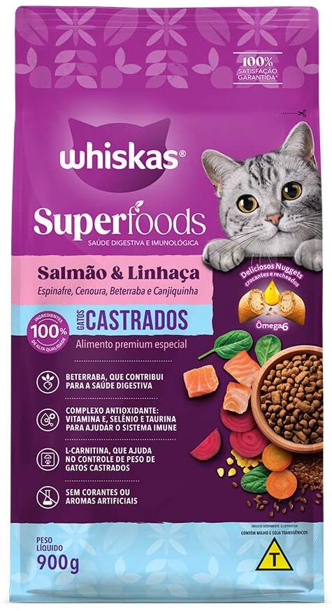Ração Seca Whiskas Superfoods para Gatos Adultos Castrados sabor Salmão e Linhaça - 900 g
