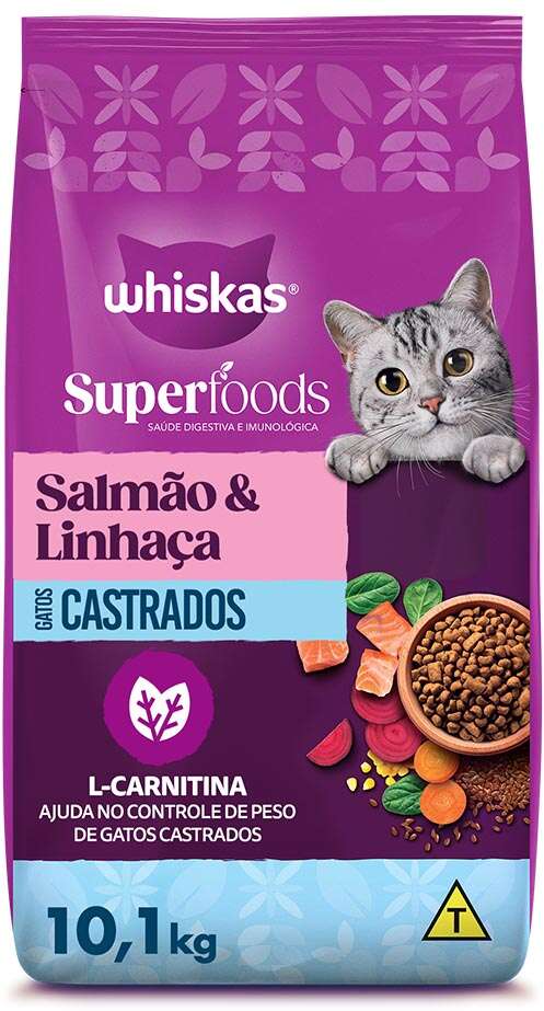 Ração Seca Whiskas Superfoods para Gatos Adultos Castrados sabor Salmão e Linhaça - 10,1Kg
