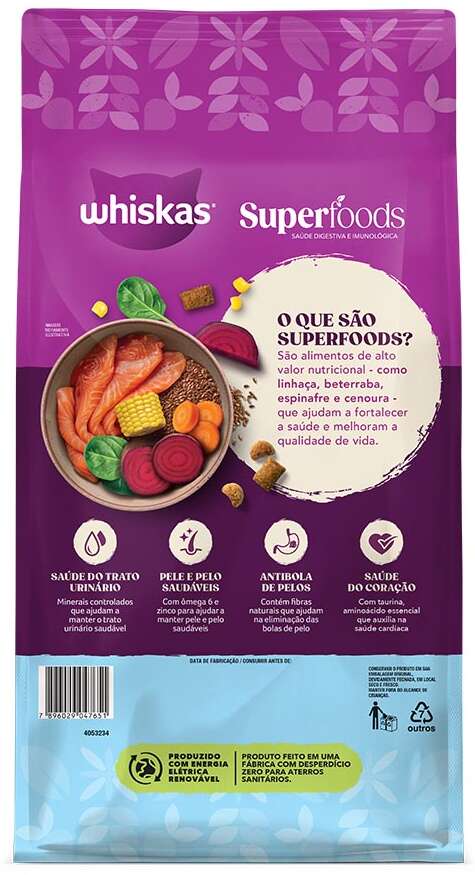 Ração Seca Whiskas Superfoods para Gatos Adultos Castrados sabor Salmão e Linhaça - 10,1Kg