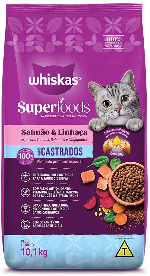 Ração Seca Whiskas Superfoods para Gatos Adultos Castrados sabor Salmão e Linhaça - 10,1Kg
