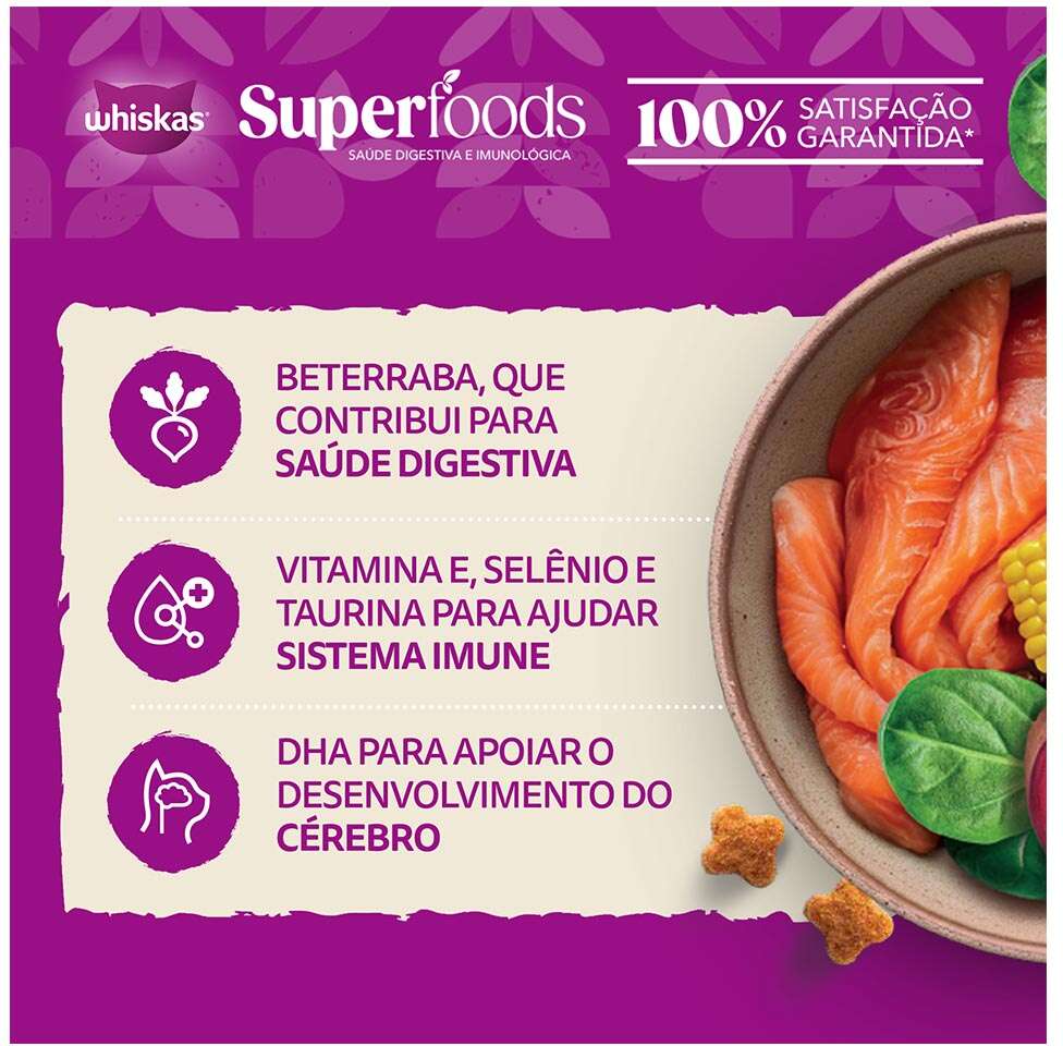 Ração Seca Whiskas Superfoods para Gatos Filhotes sabor Salmão e Linhaça - 2,7Kg