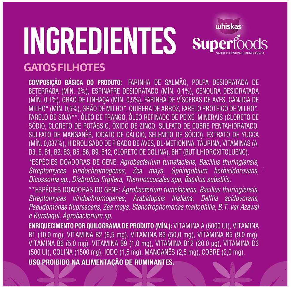 Ração Seca Whiskas Superfoods para Gatos Filhotes sabor Salmão e Linhaça - 2,7Kg
