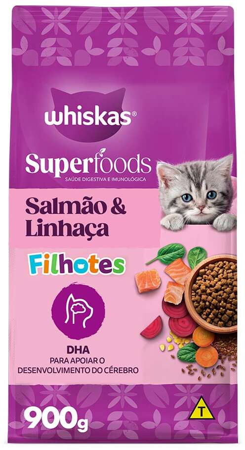 Ração Seca Whiskas Superfoods para Gatos Filhotes sabor Salmão e Linhaça - 900 g