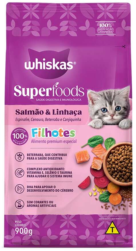 Ração Seca Whiskas Superfoods para Gatos Filhotes sabor Salmão e Linhaça - 900 g
