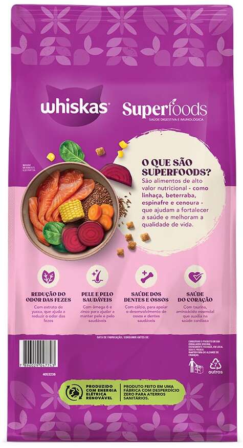 Ração Seca Whiskas Superfoods para Gatos Filhotes sabor Salmão e Linhaça - 2,7Kg