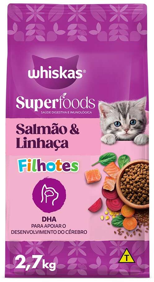 Ração Seca Whiskas Superfoods para Gatos Filhotes sabor Salmão e Linhaça - 2,7Kg