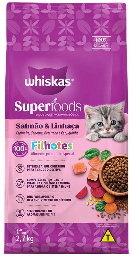 Ração Seca Whiskas Superfoods para Gatos Filhotes sabor Salmão e Linhaça - 2,7Kg