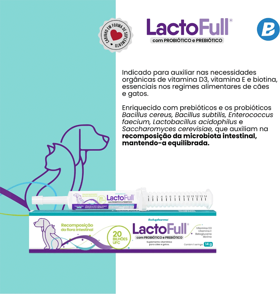 Suplemento Vitamínico Botupharma Pet Lacto Full Probiótico e Prebiótico para Cães e Gatos - 14 g