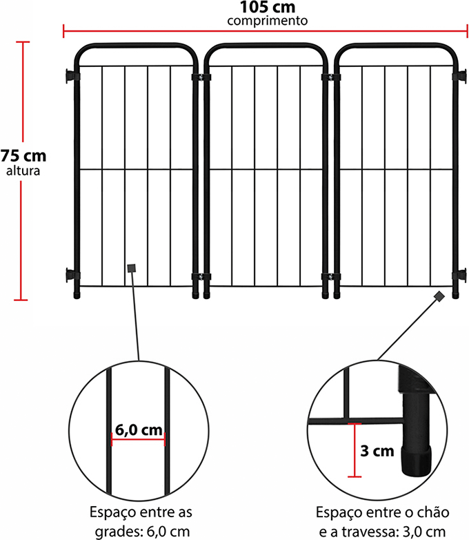 Cercado Max Açomix Portátil 75 cm Preto - 3 Módulos