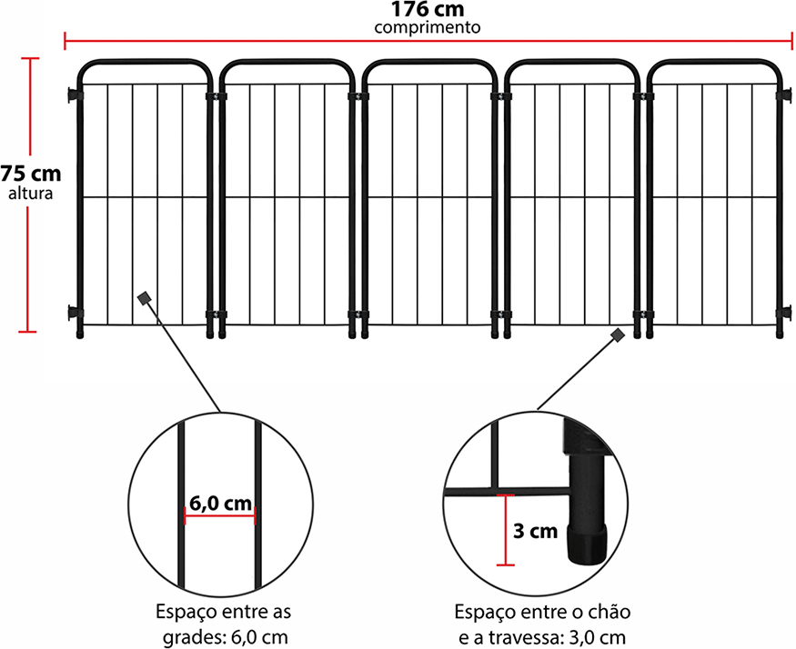 Cercado Max Açomix Portátil 75 cm Preto - 5 Módulos