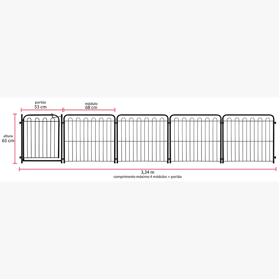 Kit Cercado Açomix 65 x 69 cm Preto 4 Módulos + Portão - Tam. Único