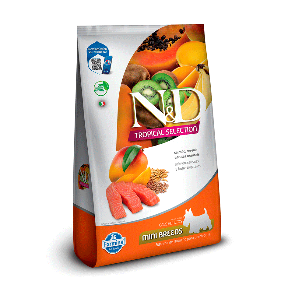 Ração Seca N&D Tropical Selection Salmão, Cereais e Frutas Tropicais para Cães Adultos de Raças Minis - 2Kg + 500 g