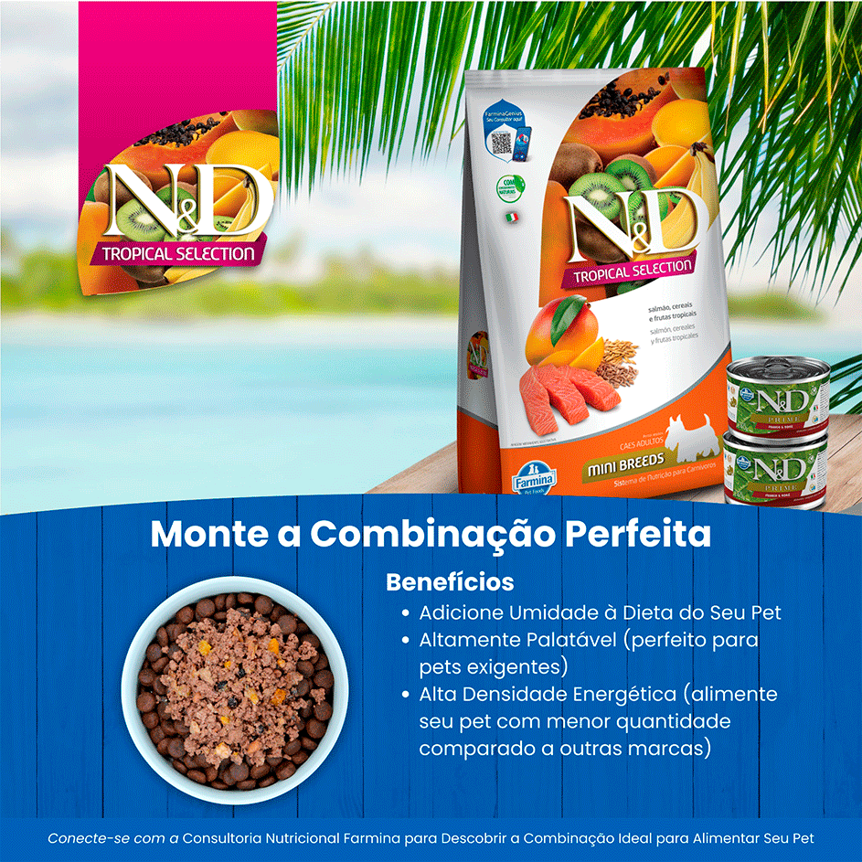 Ração Seca N&D Tropical Selection Salmão, Cereais e Frutas Tropicais para Cães Adultos de Raças Minis - 2Kg + 500 g