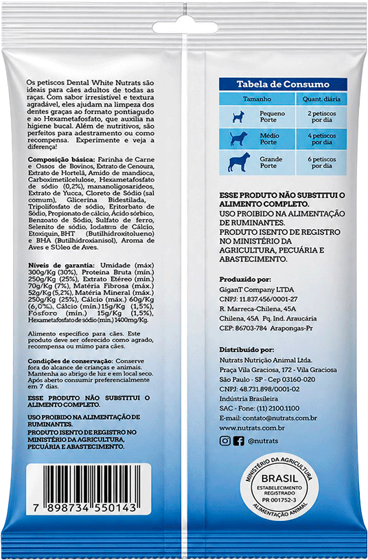 Bifinho Saúde Bucal Nutrats Dentalwhite Mini para Cães Adultos sabor Cenoura e Hortelã - 60 g