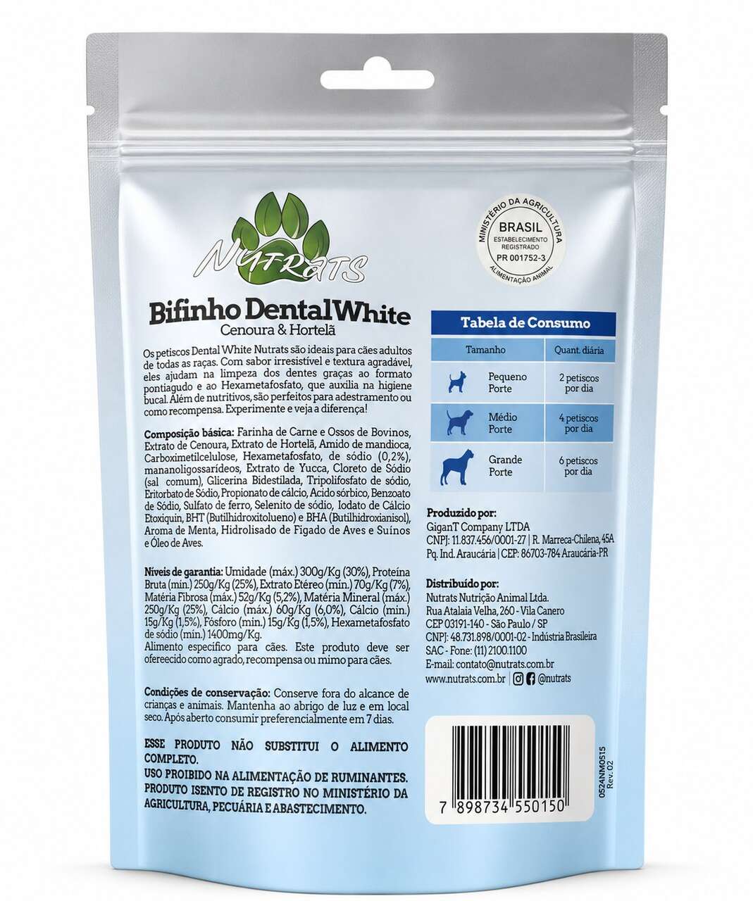 Bifinho Saúde Bucal Nutrats Dentalwhite para Cães Adultos sabor Cenoura e Hortelã - 150 g
