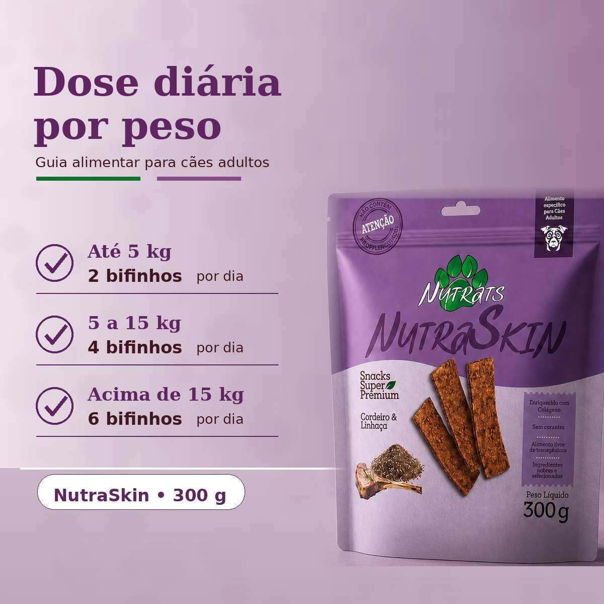 Snacks Nutrats Nutraskin para Cães Adultos sabor Cordeiro e Linhaça - 300 g