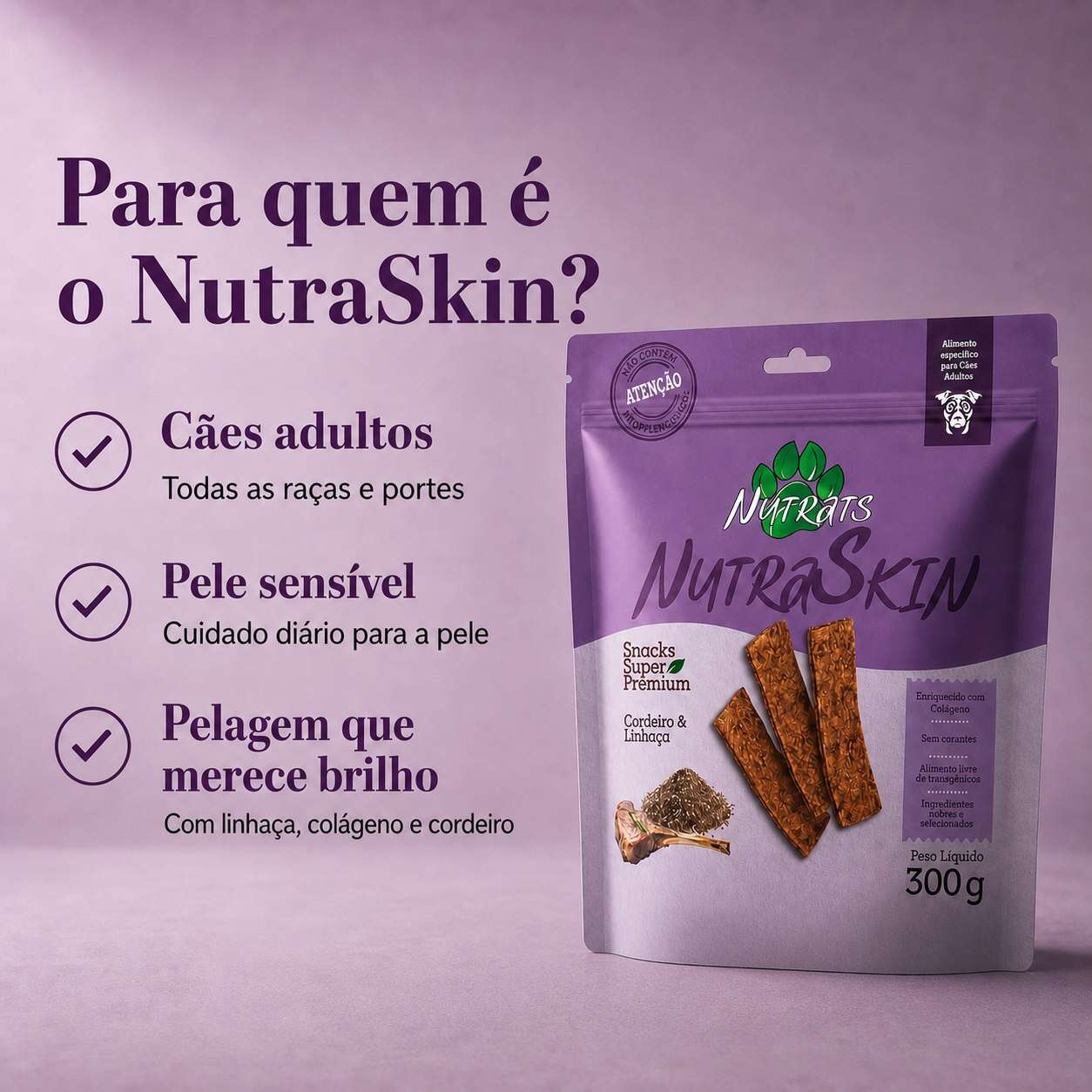 Snacks Nutrats Nutraskin para Cães Adultos sabor Cordeiro e Linhaça - 300 g