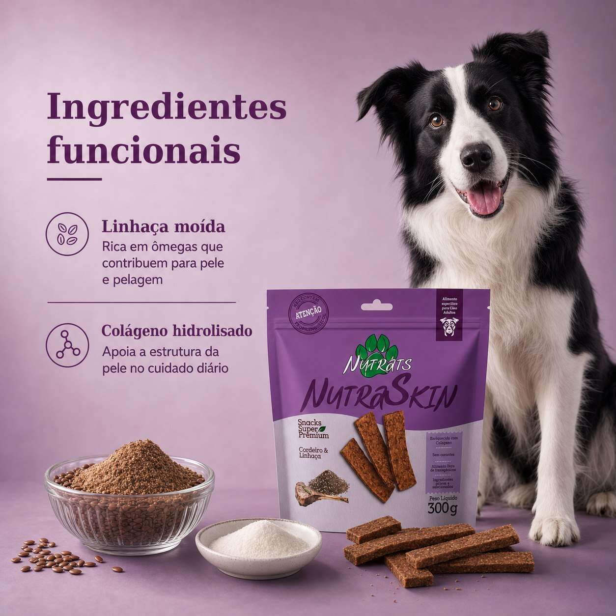 Snacks Nutrats Nutraskin para Cães Adultos sabor Cordeiro e Linhaça - 300 g