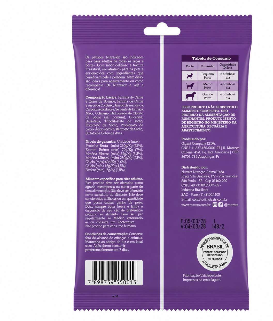 Snacks Nutrats Nutraskin para Cães Adultos sabor Cordeiro e Linhaça - 60 g