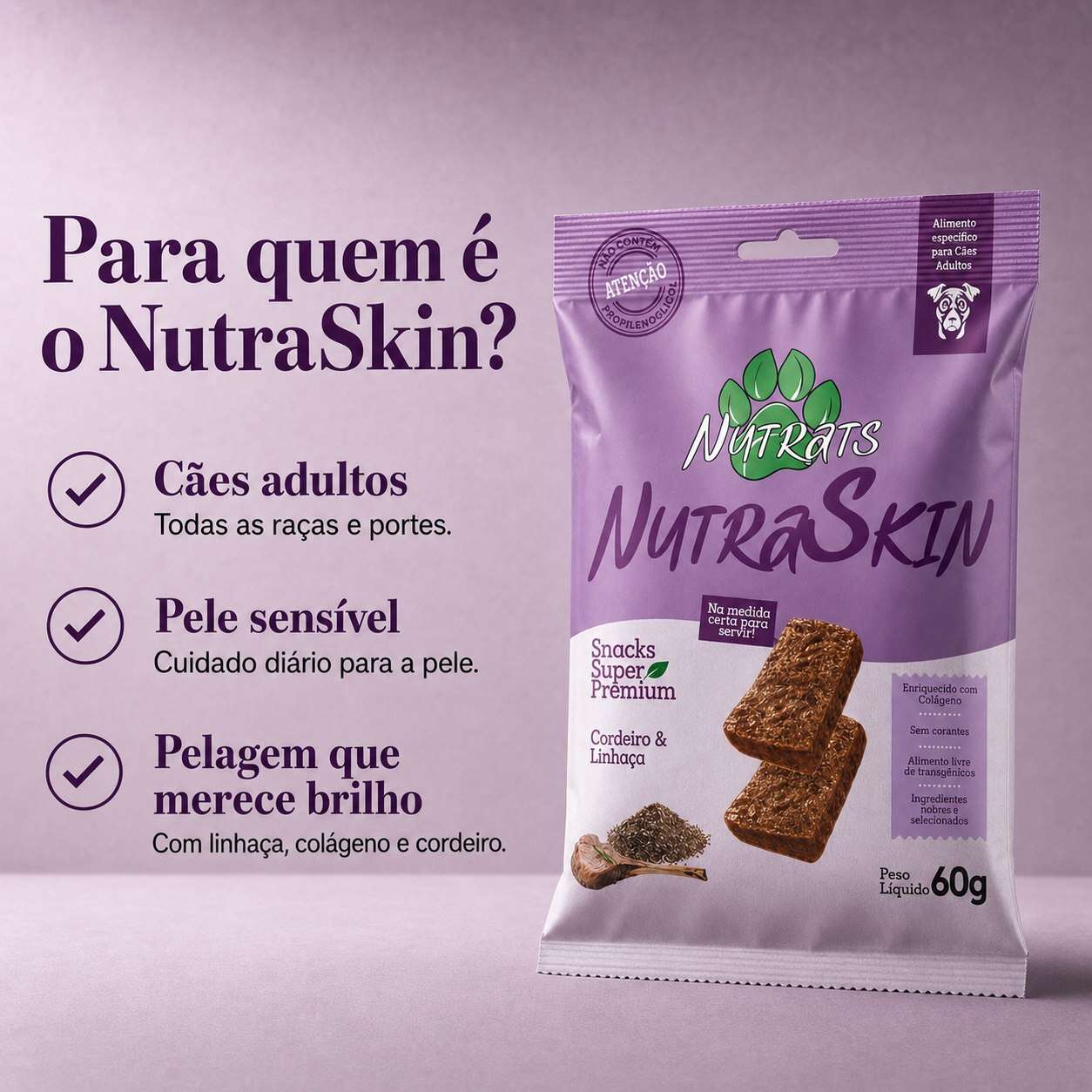 Snacks Nutrats Nutraskin para Cães Adultos sabor Cordeiro e Linhaça - 60 g