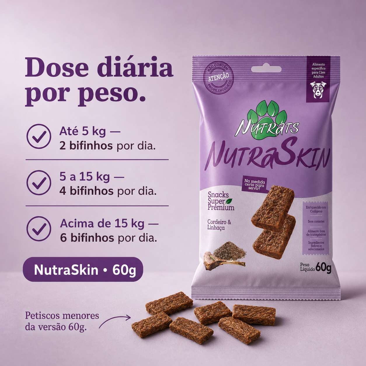 Snacks Nutrats Nutraskin para Cães Adultos sabor Cordeiro e Linhaça - 60 g