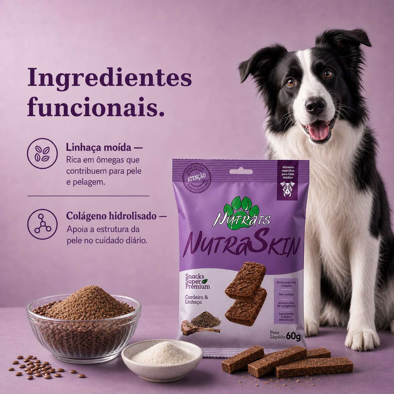 Snacks Nutrats Nutraskin para Cães Adultos sabor Cordeiro e Linhaça - 60 g