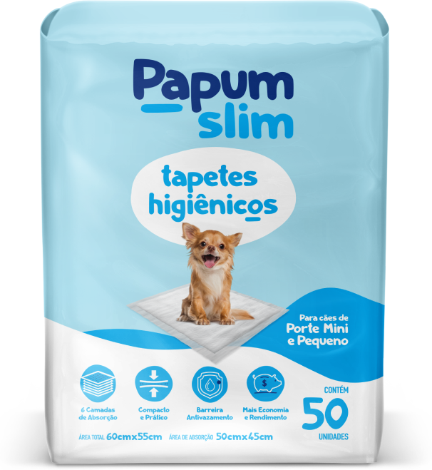 Tapete Higiênico Papum Econômico Slim 60x55cm para Cães de Porte Pequeno - 50 Unidades