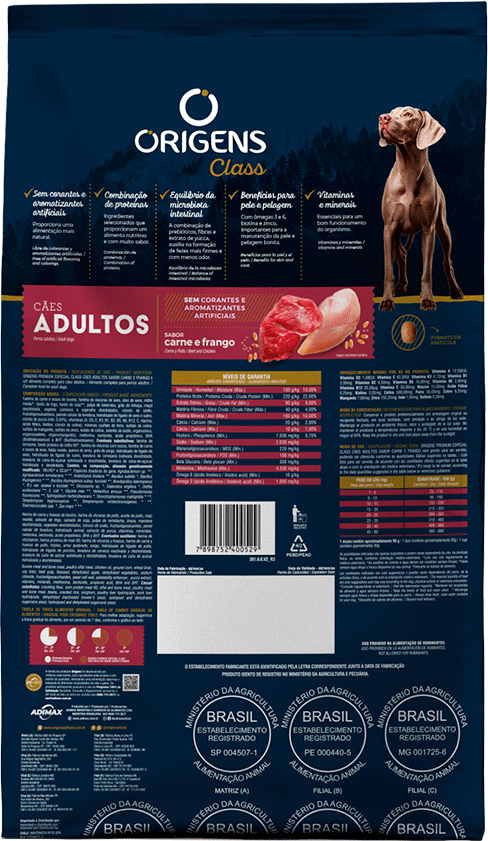 Ração Seca Origens Class Carne e Frango para Cães Adultos - 20Kg