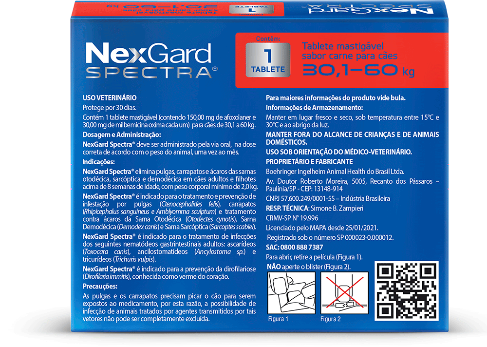 Antipulgas e Carrapatos NexGard Spectra 150 mg para Cães de 30,1 a 60Kg - 1 Comprimido
