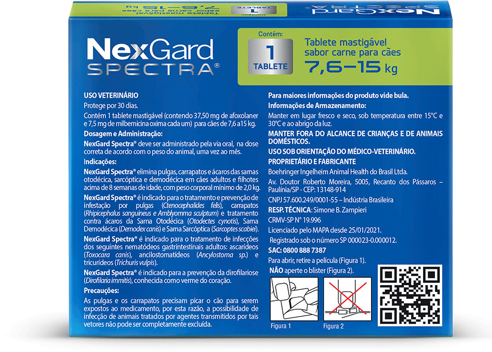 Antipulgas e Carrapatos NexGard Spectra 37,5 mg para Cães de 7,6 a 15Kg - 1 Comprimido