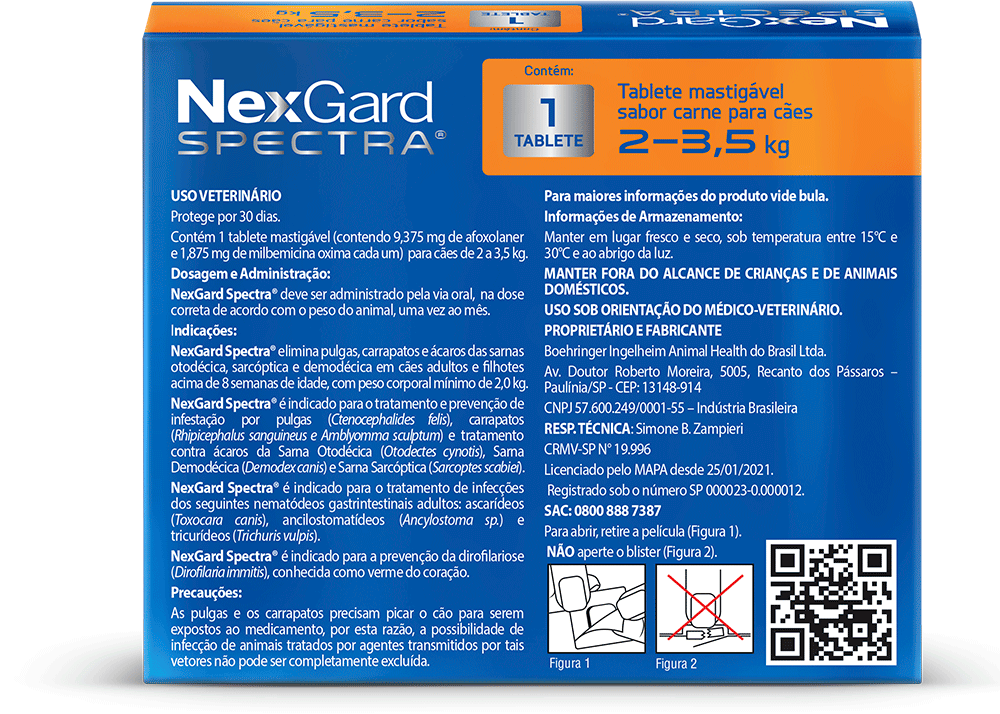 Antipulgas e Carrapatos NexGard Spectra 9,375 mg para Cães de 2 a 3,5Kg - 1 Comprimido