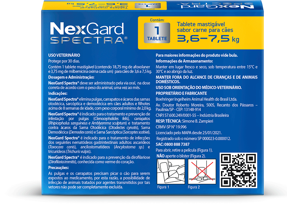 Antipulgas e Carrapatos NexGard Spectra 18,75 mg para Cães de 3,6 a 7,5Kg - 1 Comprimido