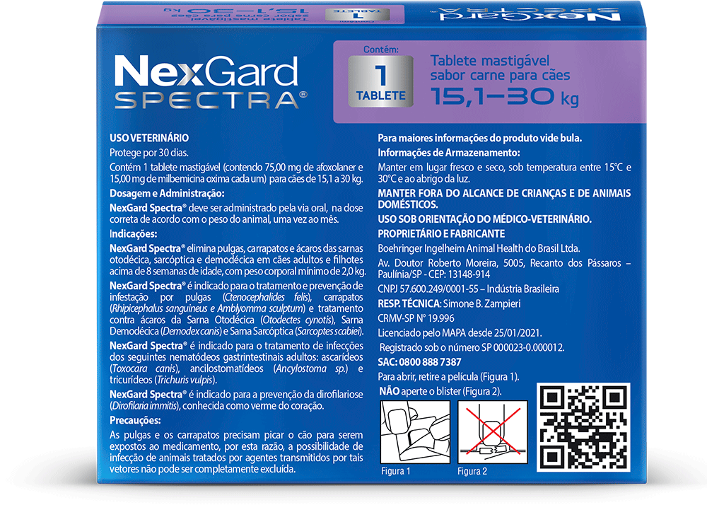 Antipulgas e Carrapatos NexGard Spectra 75 mg para Cães de 15,1 a 30Kg - 1 Comprimido