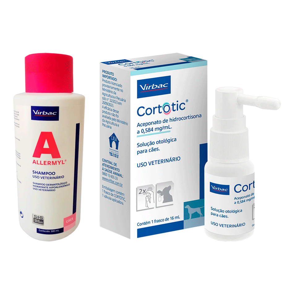 Kit Virbac Shampoo Dermatológico Allermyl Hipoalergênico 500 mL e Solução Otológica Cortotic 16 mL para Cães - KIT