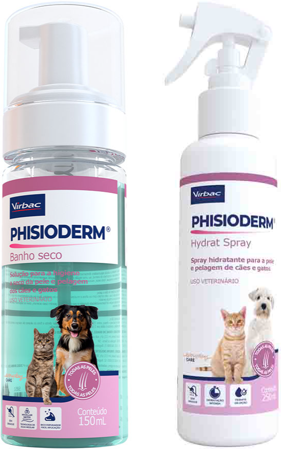 Kit Virbac Phisioderm Banho a Seco 150 mL e Spray Hidratante Pele e Pelagem 250 mLpara Cães e Gatos - KIT