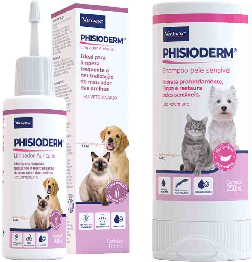 Kit Virbac Phisioderm Limpador Auricular 100 mL e Shampoo Pele Sensível 250 mL para Cães e Gatos - KIT