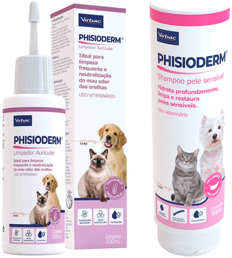 Kit Virbac Phisioderm Limpador Auricular 100 mL Shampoo Pele Sensível 500 mL para Cães e Gatos - KIT