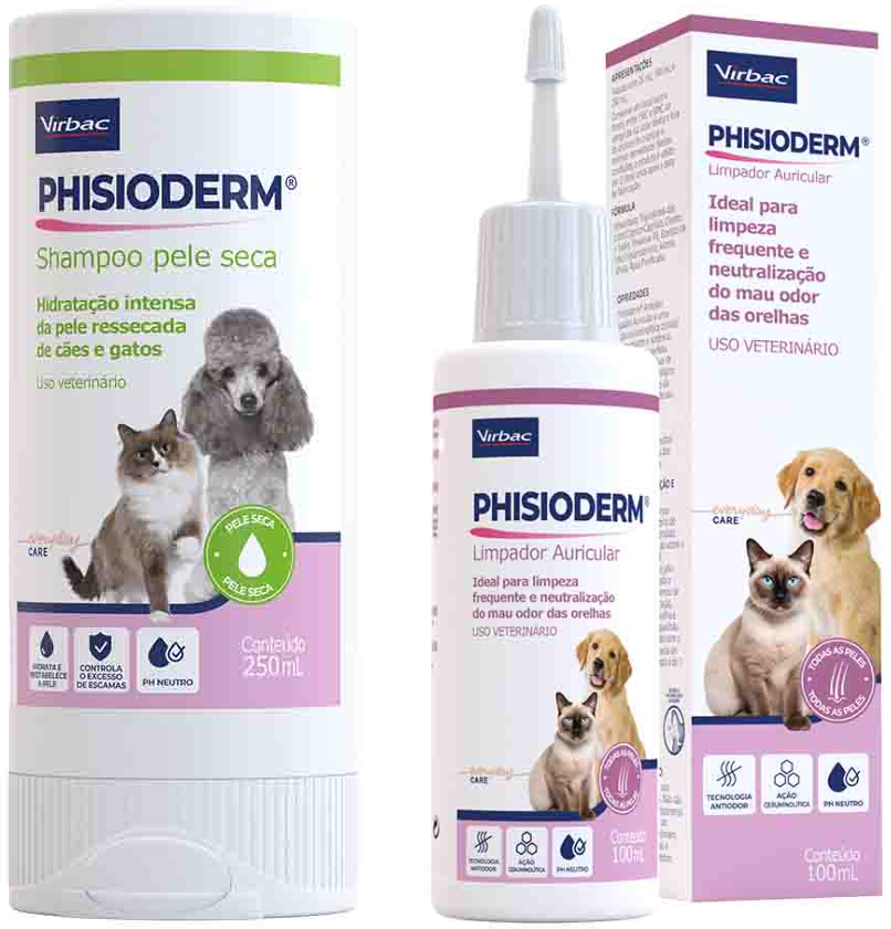Kit Virbac Phisioderm Shampoo Pele Seca 250 mL e Limpador Auricular 100 mL para Cães e Gatos - KIT