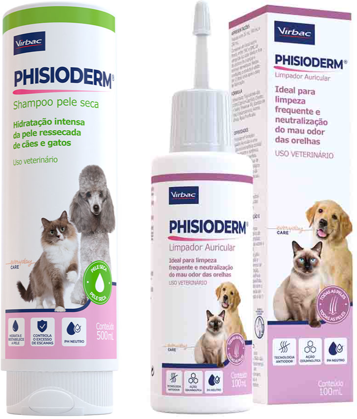 Kit Virbac Phisioderm Shampoo Pele Seca 500 mL e Limpador Auricular 100 mL para Cães e Gatos - KIT