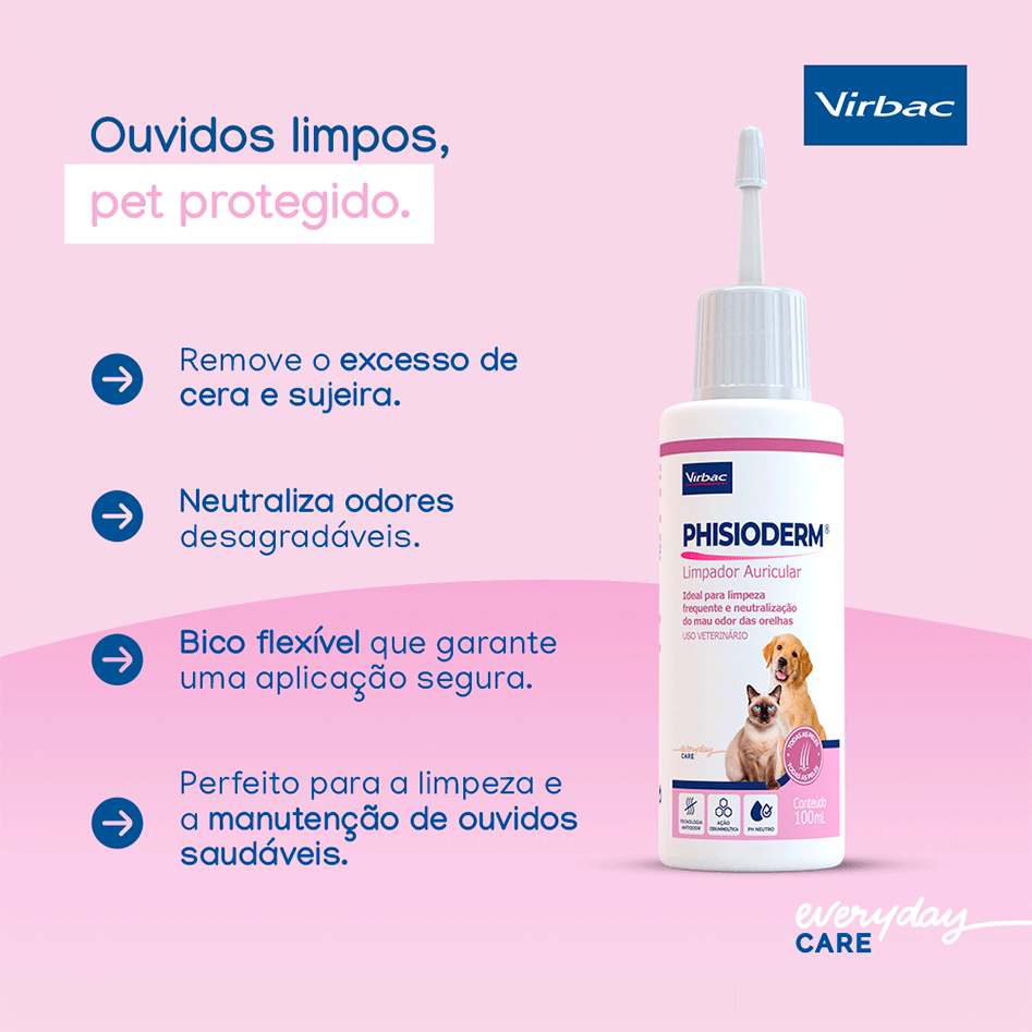 Limpador Auricular Virbac Phisioderm para Cães e Gatos - 100 mL