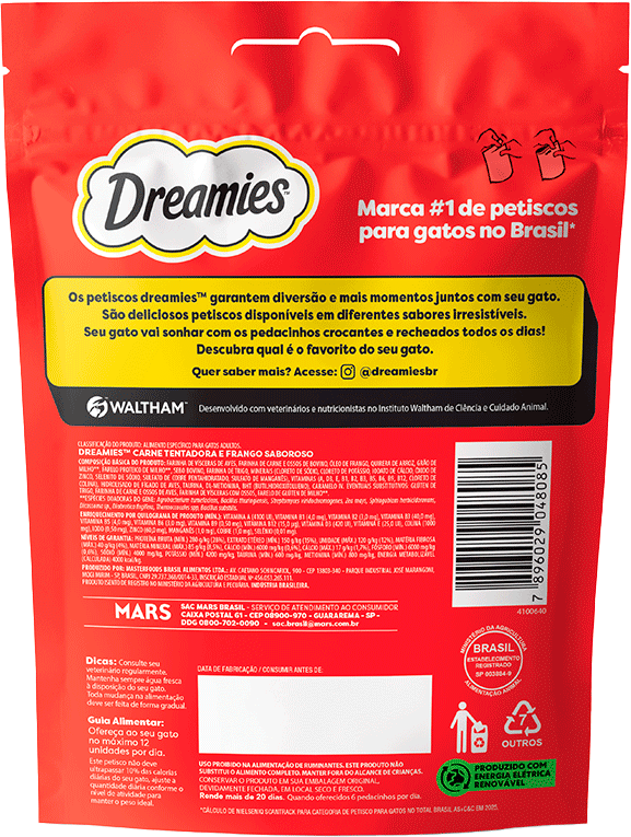 Petisco Dreamies Irresistível para Gatos Adultos Sabor Carne e Frango - 80 g