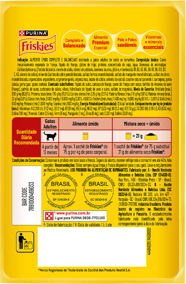Ração Úmida Purina Friskies Patê Sensações para Gatos Adultos Sabor Frango - 75 g