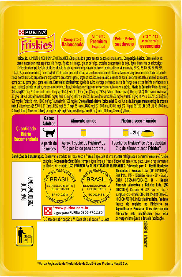 Ração Úmida Purina Friskies Patê Sensações para Gatos Adultos Sabor Carne - 75 g