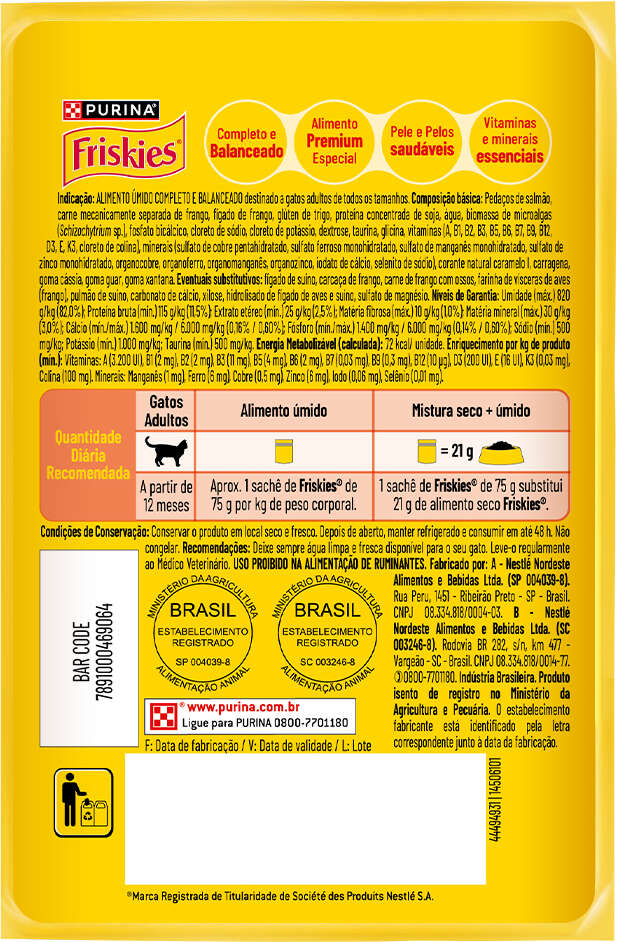 Ração Úmida Purina Friskies Patê Sensações para Gatos Adultos Sabor Salmão - 75 g