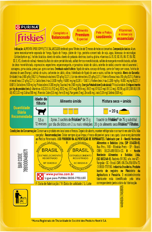 Ração Úmida Purina Friskies Patê Sensações para Gatos Filhotes Sabor Atum - 75 g